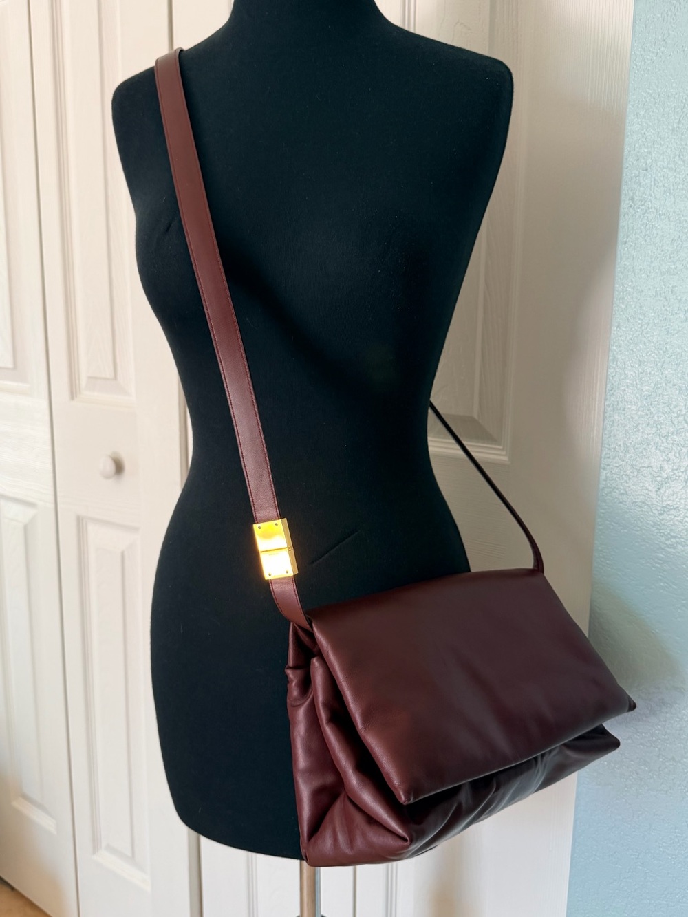 RARE Marni Prisma Leather Shoulder Bag Burgundy with Gold-Tone Accent